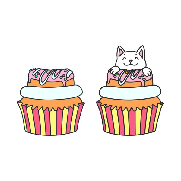 Süti Cica Aranyos Illusztráció Egy Muffinról Fánkkal Egy Kis Fehér — Stock Vector