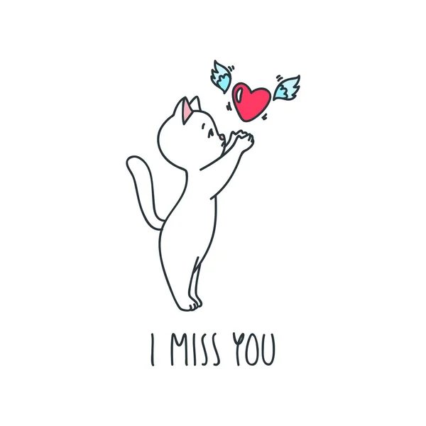 Ich Vermisse Dich Illustration Einer Traurigen Weißen Katze Mit Einem — Stockvektor