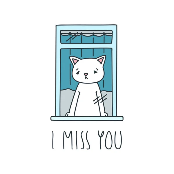 Ich Vermisse Dich Illustration Der Traurigen Weißen Katze Wird Durch — Stockvektor
