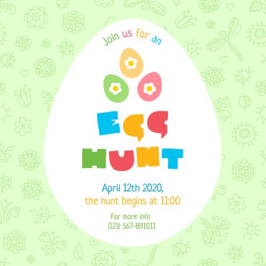 Yumurta Avı. Yeşil çiçekli karikatür tarzında dekoratif tabir 