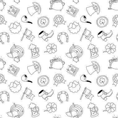 Aziz Patrick Günü geçmişi. Aziz Patrick Günü sembollerinin siyah-beyaz karalama desenleri. Düz bir tasvir. Vektör 8 EPS.