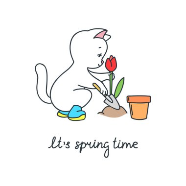 Bahar geldi. Çiçek koyan sevimli beyaz bir kedinin karalama çizimi. Vektör 8 EPS.