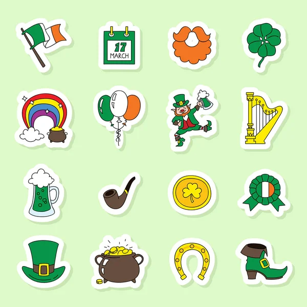 Set Patrick Day Stickers Doodle Illustrations Patrick Day Symbols Leprechaun — Stockvector