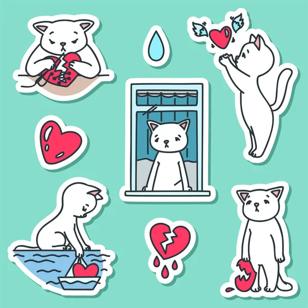Leuke Stickers Doodle Illustratie Van Verdrietige Gebroken Katten Geïsoleerde Objecten — Stockvector