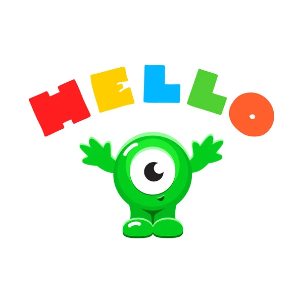 你好Hello Hello 这个词来描述一个卡通风格的有趣的绿色怪物 在白色背景上隔离的对象 第8病媒Eps — 图库矢量图片