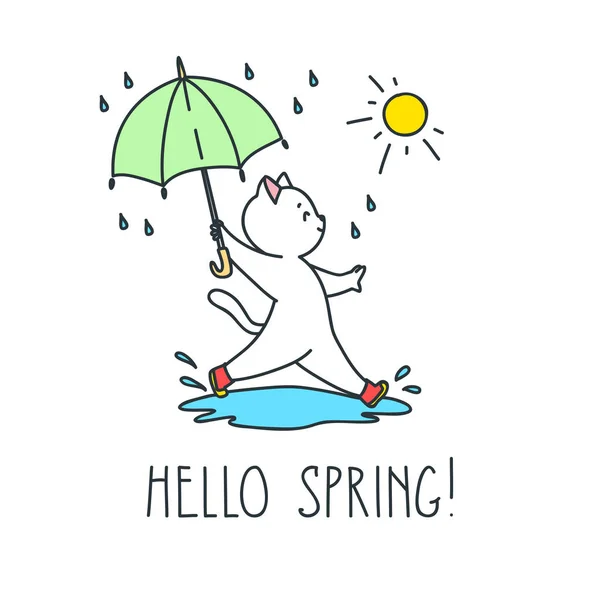 Bonjour Printemps Illustration Caniche Chat Heureux Avec Parapluie Sautant Par — Image vectorielle