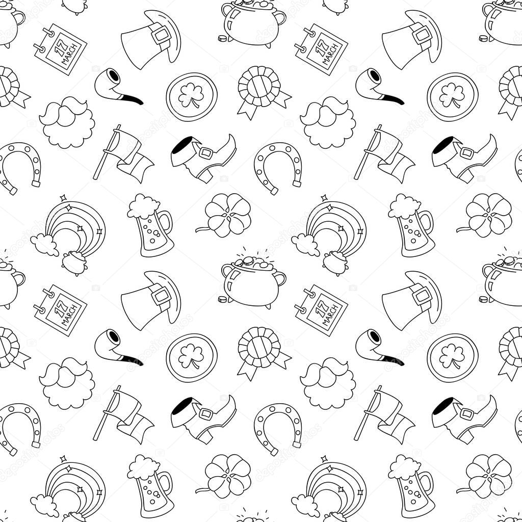 St. Patrick's Day background. Black-n-white seamless doodle pattern of St. Patrick's Day symbols. Illustration in flat style. Vector 8 EPS.