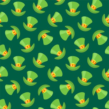 Aziz Patrick Günü geçmişi. Koyu arkaplandaki yeşil leprikon şapkaların kusursuz deseni. Düz bir tasvir. Vektör 8 EPS.