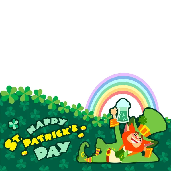 Fête Saint Patrick Toile Fond Illustration Drôle Lutin Couché Avec — Image vectorielle