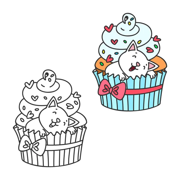 Cupcake Gattino Graziose Illustrazioni Colorate Bianco Nero Piccolo Gattino Bianco — Vettoriale Stock
