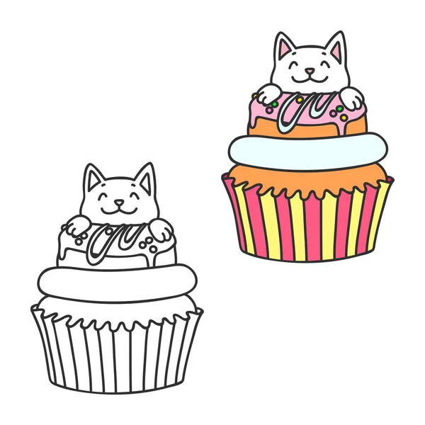 Cupcake Und Kätzchen Nette Illustrationen Farbig Und Schwarz Weiß Eines — Stockvektor