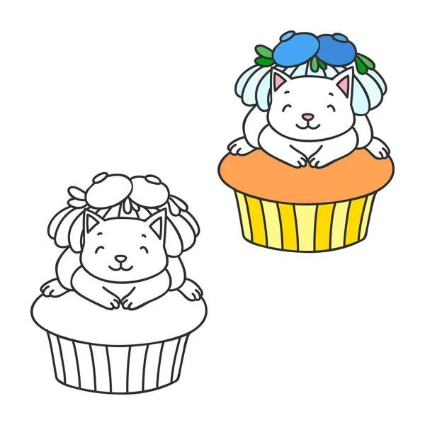 Cupcake Gattino Graziose Illustrazioni Colorate Bianco Nero Piccolo Gattino Bianco — Vettoriale Stock