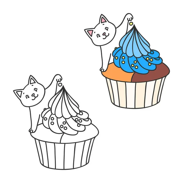 Cupcake Gattino Graziose Illustrazioni Colorate Bianco Nero Piccolo Gattino Bianco — Vettoriale Stock