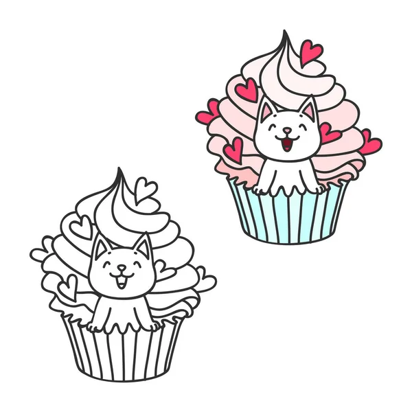 Cupcake Poesje Leuke Illustraties Gekleurd Zwart Wit Van Een Klein — Stockvector