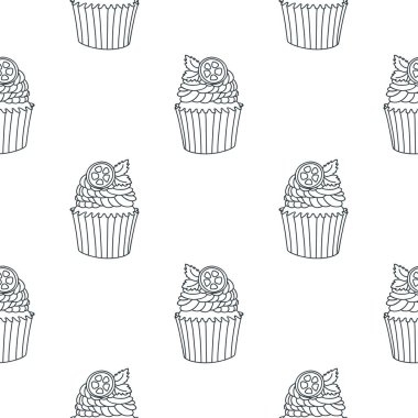 Keklerle desenli. Turunçgil kekinin el çizimi siyah-beyaz arka planı. Vektör 8 EPS.