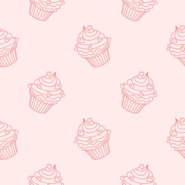 Keklerle desenli. Krem ve kalplerle süslenmiş el yapımı pembe kek deseni. Vektör 8 EPS.