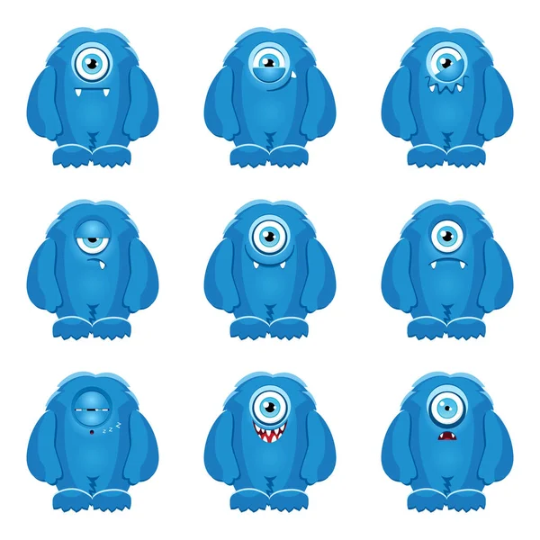 Monster Emoji Sticker Pack Set Funny Blue Monsters Cartoon Style — Stock Vector