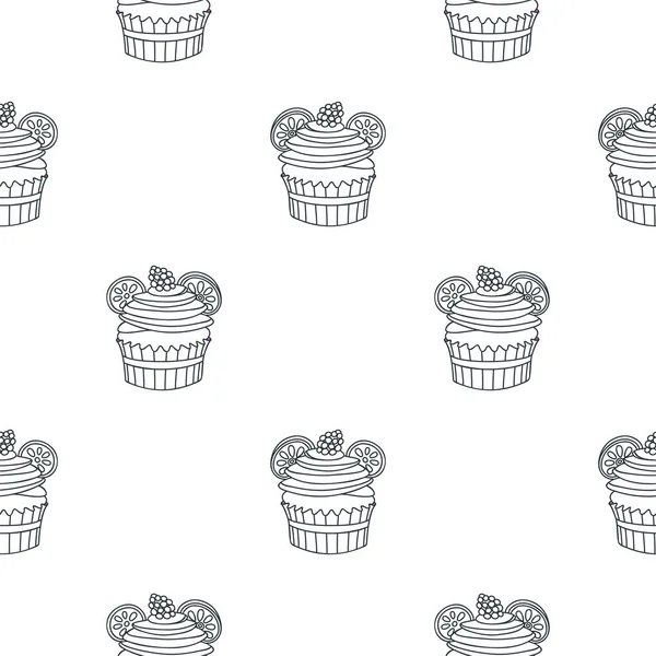 Pattern Cupcakes Hand Drawn Black White Background Cupcakes Decorated Raspberries — Stock Vector