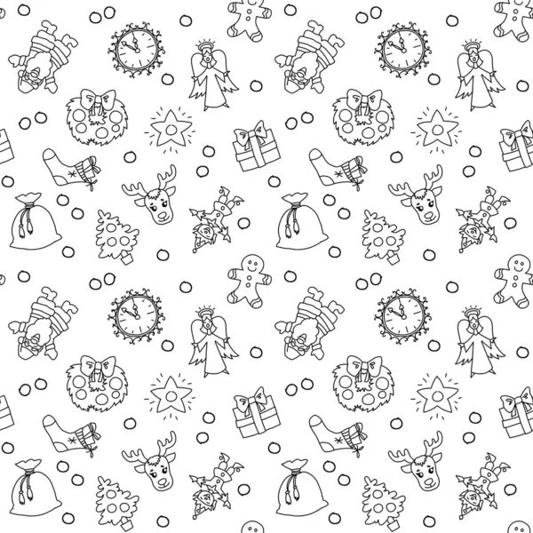 Monochrome Pattern Christmas Symbols Star Gift Elf Snowman Christmas Tree — Stockový vektor