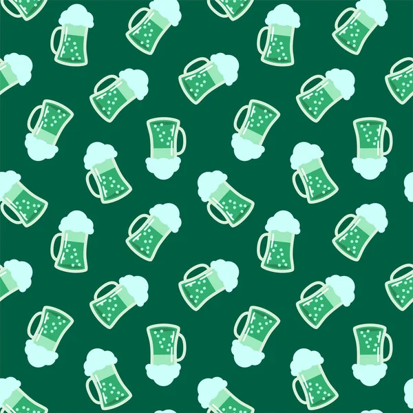 Fête Saint Patrick Modèle Sans Couture Tasses Avec Bière Verte — Image vectorielle