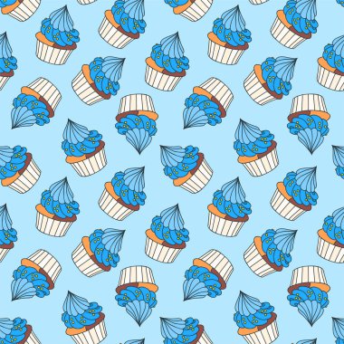 Cupcakelerle dolu bir arka plan. Mavi arka planda kusursuz kremalı kek deseni var. Vektör 8 EPS.