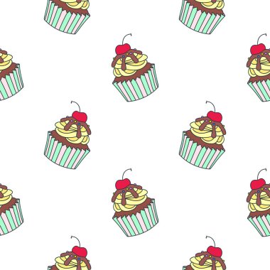 Cupcakelerle dolu bir arka plan. Beyaz arka planda kirazlarla süslenmiş kusursuz kremalı kek deseni. Vektör 8 EPS.