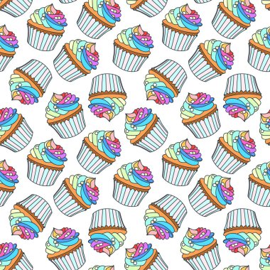 Cupcakelerle dolu bir arka plan. Beyaz arka planda gökkuşağı kremiyle süslenmiş kusursuz renkli kek deseni. Vektör 8 EPS.