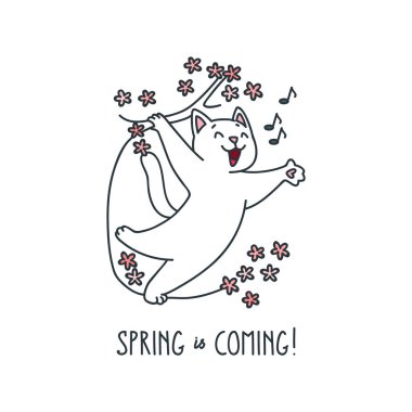 Bahar geliyor. Ağaçtaki bir şarkıcı kedinin şirin bir çizimi. Vektör 8 EPS.