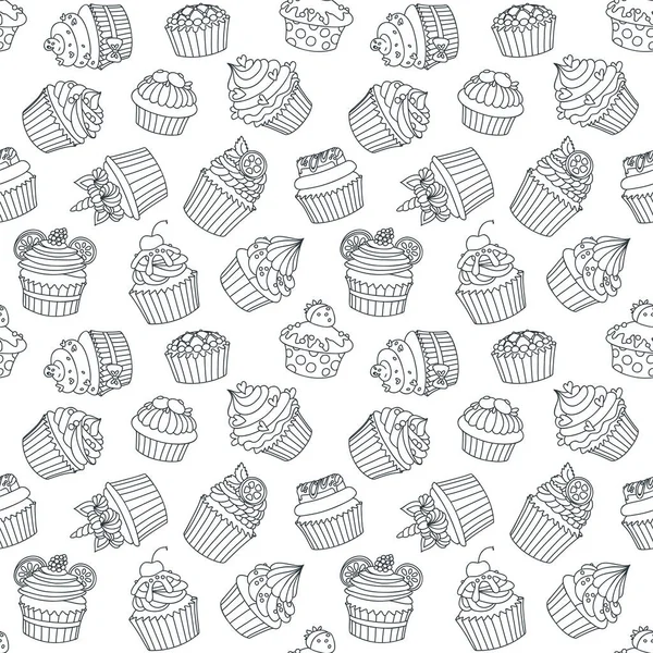 Pattern Cupcakes Hand Drawn Black White Background Cupcakes Decorated Cream — Stock Vector