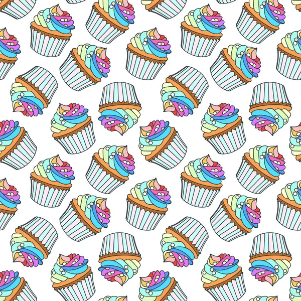 Background Cupcakes Seamless Colorful Pattern Cupcakes Decorated Rainbow Cream White — Stock Vector