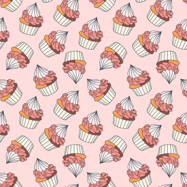 Cupcakelerle dolu bir arka plan. Pembe arka planda kusursuz kremalı kek deseni. Vektör 8 EPS.
