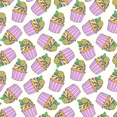 Cupcakelerle dolu bir arka plan. Turunçgil keklerinin kusursuz çizimleri. Vektör 8 EPS.