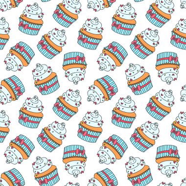 Keklerle desenli. Beyaz arka planda krema ve kalplerle süslenmiş kusursuz kek deseni. Vektör 8 EPS.