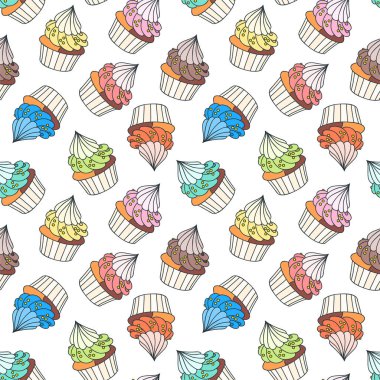 Cupcakelerle dolu bir arka plan. Beyaz arka planda pürüzsüz kremalı kek deseni. Vektör 8 EPS.