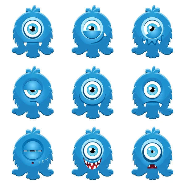 Monster Emoji Sticker Pack Set Funny Blue Monsters Cartoon Style — Stock Vector