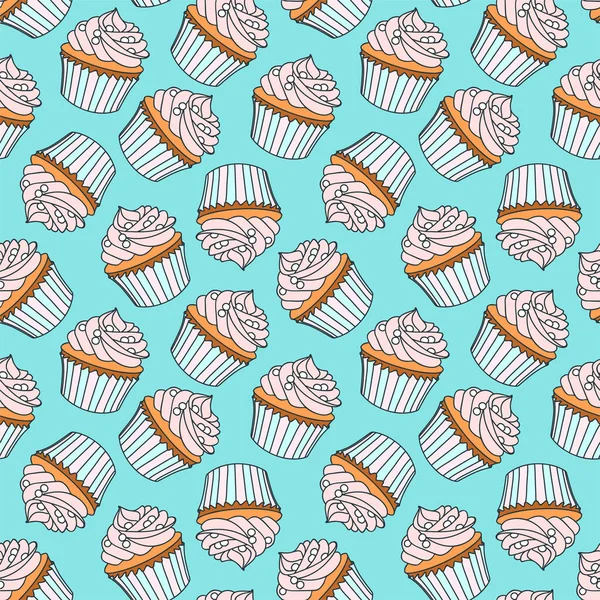 Background Cupcakes Seamless Doodle Pattern Cupcakes Decorated Pink Cream Blue — Stock Vector