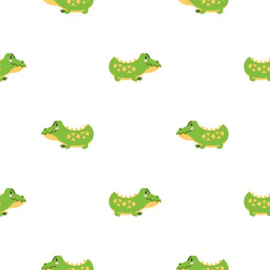 Hoş bir arka plan. Beyaz arka planda komik timsahlar olan kusursuz bir desen. Düz bir tasvir. Vektör 8 EPS.