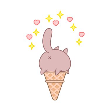Şirin kedi dondurması. Köpüklü dondurma tasviri, waffle külahında oturan kahverengi bir kawai kedisine benziyor. Ayrı nesneler. Vektör 8 EPS.