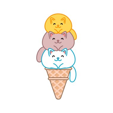 Şirin kedi dondurması. Dondurma tasviri üç kawai kedisinin waffle külahında yan yana oturması gibi görünüyor. Vektör 8 EPS.