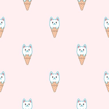 Hoş bir arka plan. Dondurmaların kusursuz deseni waffle külahında oturan kawai kedisine benziyor. Vektör 8 EPS.