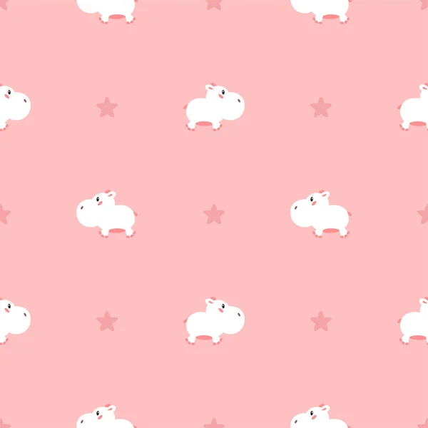 Cute background. Seamless pattern with little white hippo and stars on pink background. Illustration in flat style. Vector 8 EPS.
