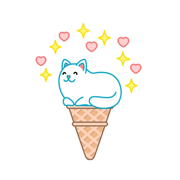 ไอศกร มแมวน ภาพประกอบของไอศกร มประกายด เหม อนแมวส ขาวน งอย ในกรวยวาฟเฟ แยก — ภาพเวกเตอร์สต็อก