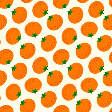 Meyve deseni. Açık sarı arkaplanda düz bir mandalina deseni var. Vektör 8 EPS.