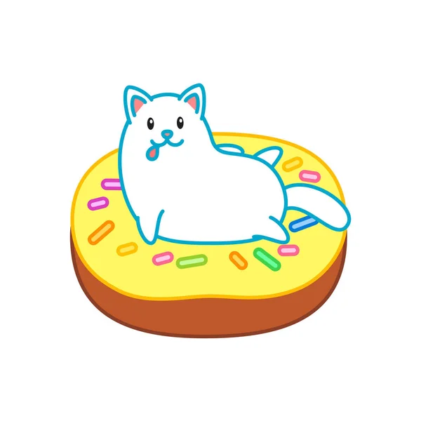 Симпатичные Кошка Пончиком Иллюстрация Мытья Белого Котенка Сидящего Желтом Глазурованном — стоковый вектор