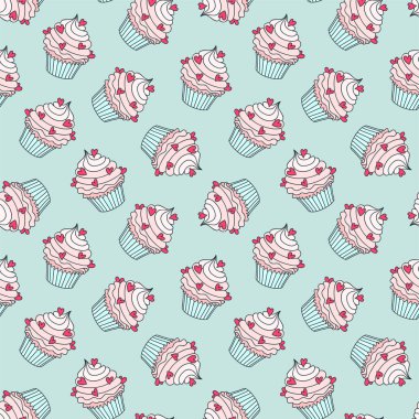 Cupcakelerle dolu bir arka plan. Pembe krema ve açık yeşil arka planda kalplerle dekore edilmiş kusursuz kek deseni. Vektör 8 EPS.