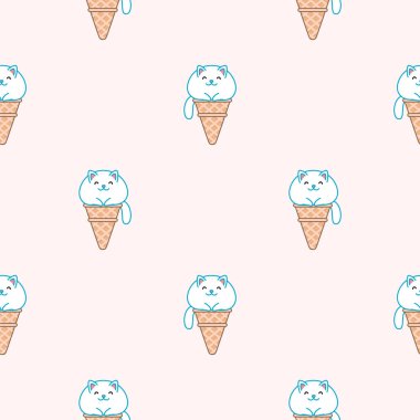 Hoş bir arka plan. Kusursuz dondurma kalıbı, waffle külahında oturan komik şişman kediye benziyor. Vektör 8 EPS.