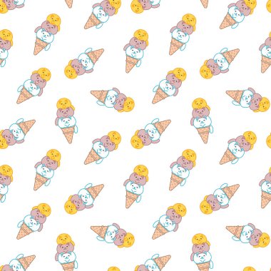 Hoş bir arka plan. Kusursuz dondurma kalıbı, waffle külahında oturan üç komik şişman kediye benziyor. Vektör 8 EPS.