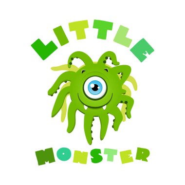 Küçük Canavar. Çizgi film tarzında komik yeşil bir canavarın 