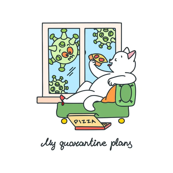 Meus Planos Quarentena Doodle Ilustração Gato Feliz Comendo Uma Pizza —  Vetores de Stock