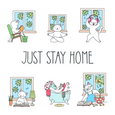 Just Stay Home. Virus prevention illustration. Doodle illustration of cute cats staying at home. Vector 8 EPS. clipart